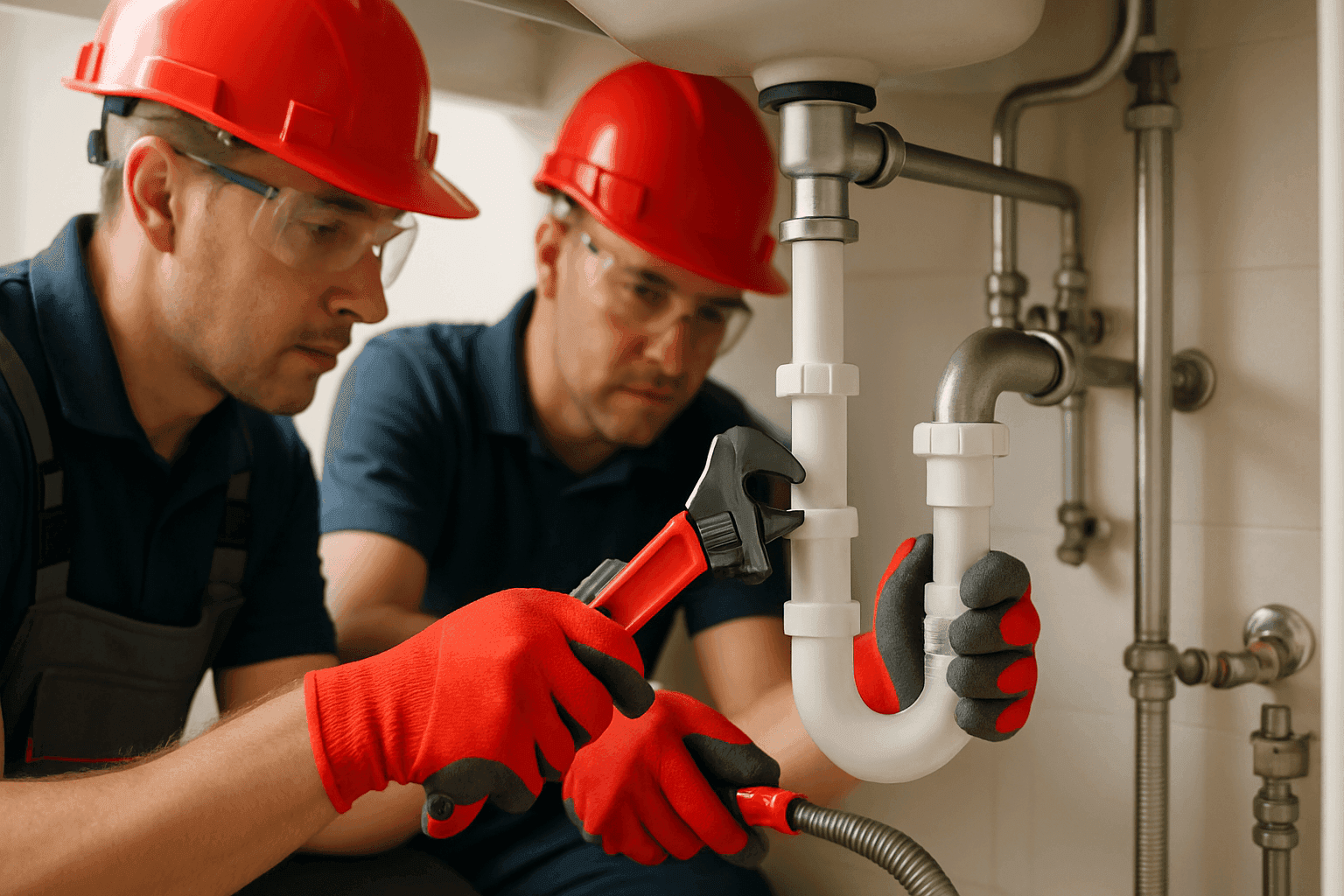 Two plumbers in safety gear working on pipes at a clean residential or commercial site
